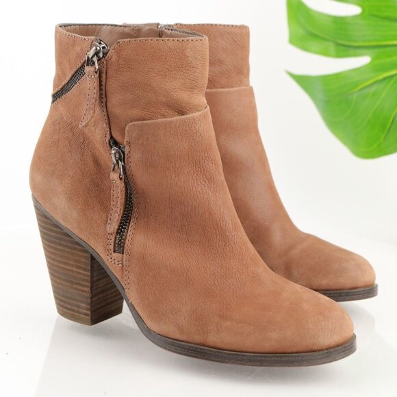 Vince Camuto Womens Hinnegan Boot Size 9 Brown Tan Leather Block Heel Zip Bootie - Picture 1 of 11